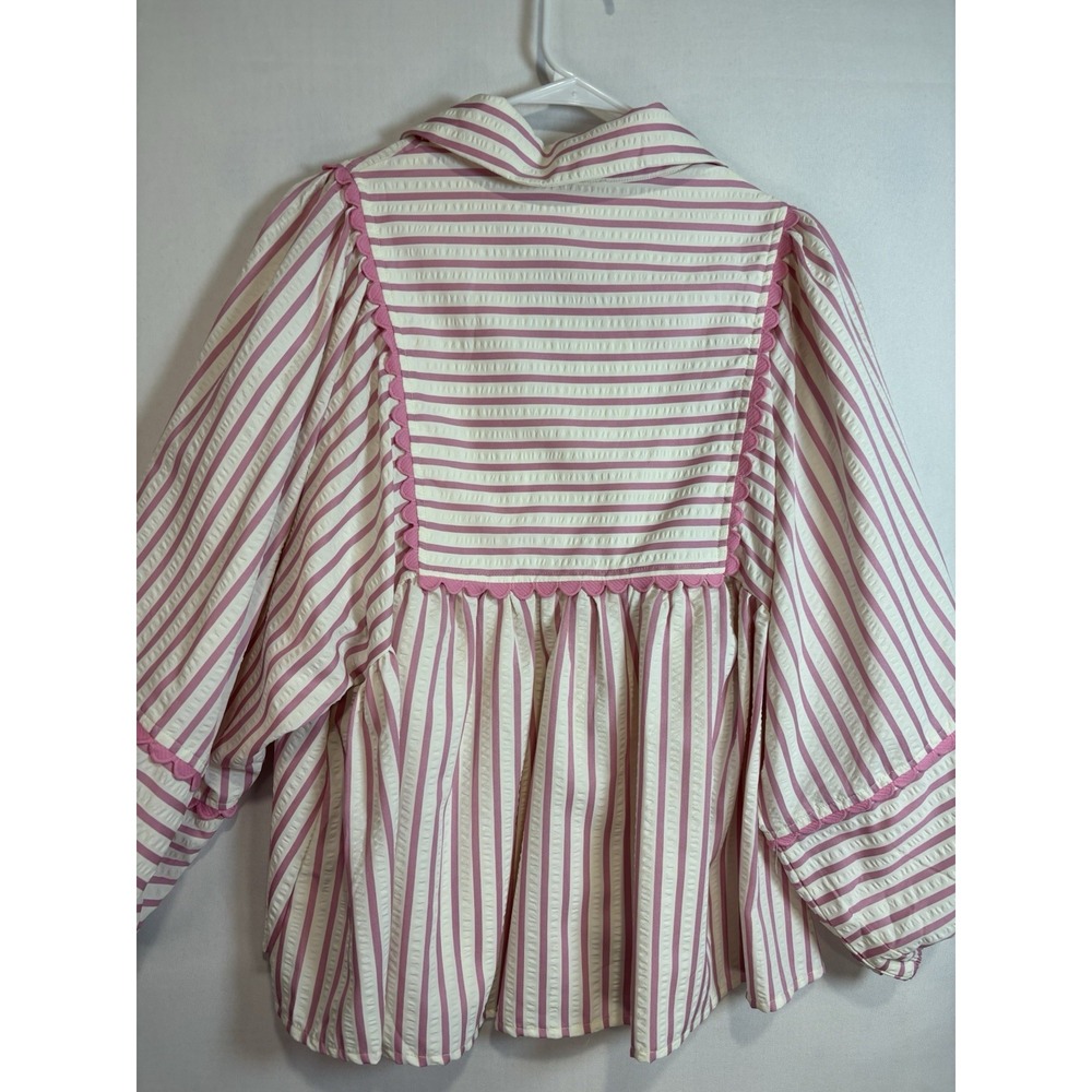Entro Striped Seersucker Balloon Sleeve Blouse Pink White Scalloped Trim M - Picture 5 of 10